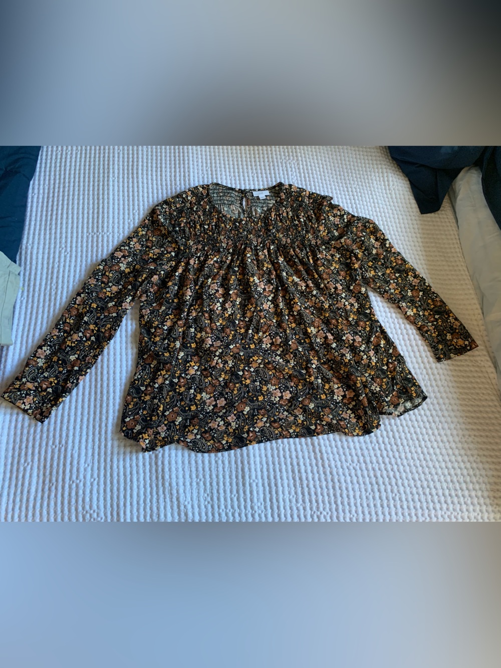 J. Jill Black Floral Smocked Yoke Long Sleeve Tunic fall colors Size Large